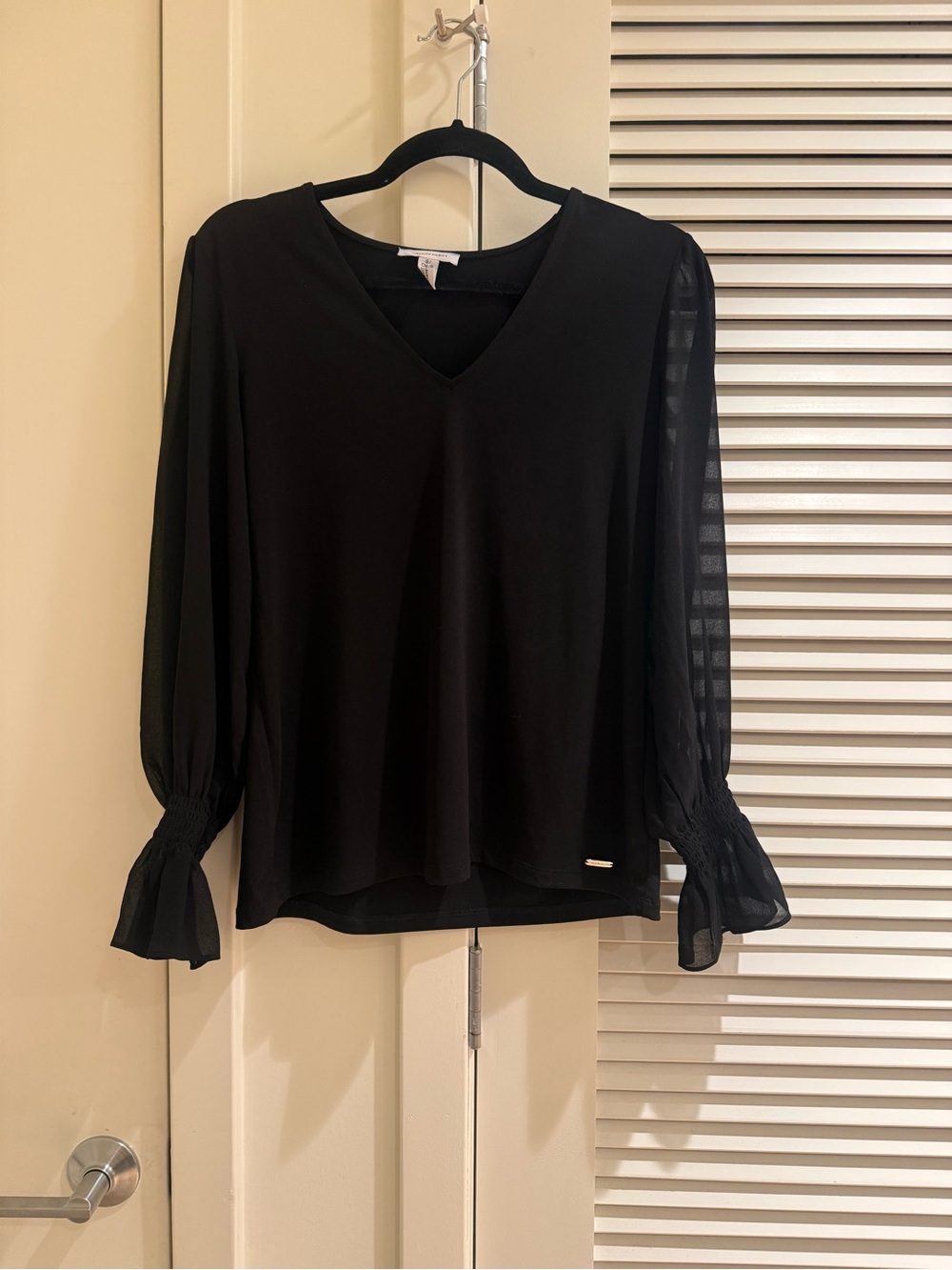 Calvin Klein Black V-Neck Long-Sleeve Blouse with Sheer Sleeves